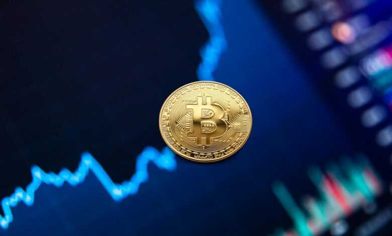 A gold Bitcoin coin against a backdrop of a digital financial chart, symbolizing cryptocurrency trading.