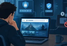 Nutzer prüft Domain, Passwortschutz und Wallet-Sicherheit vor der Anmeldung bei einem Browsergame