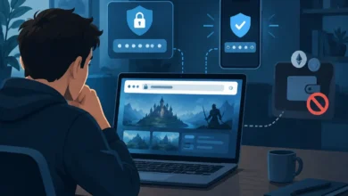 Nutzer prüft Domain, Passwortschutz und Wallet-Sicherheit vor der Anmeldung bei einem Browsergame