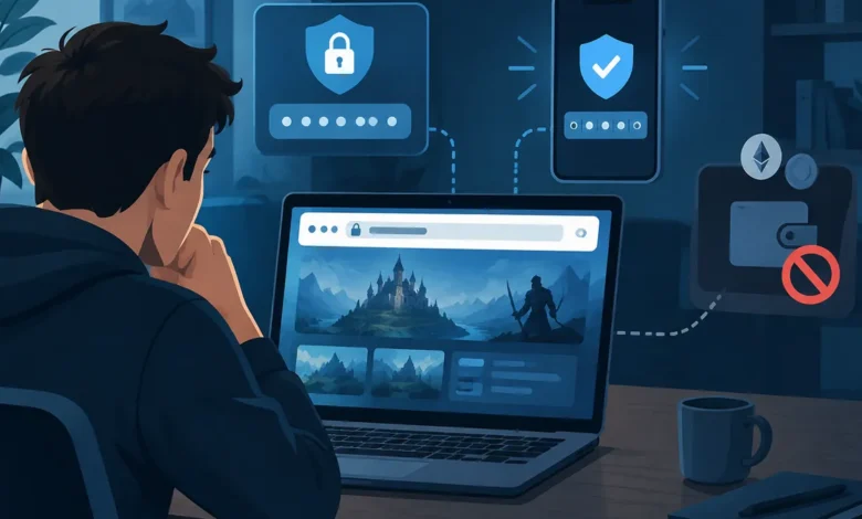 Nutzer prüft Domain, Passwortschutz und Wallet-Sicherheit vor der Anmeldung bei einem Browsergame