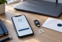 Smartphone, SIM-Karte und Sicherheitsschlüssel als Symbole für abgesicherte Krypto-Zugänge
