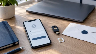 Smartphone, SIM-Karte und Sicherheitsschlüssel als Symbole für abgesicherte Krypto-Zugänge