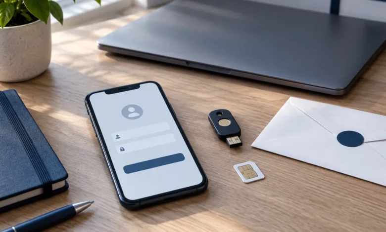 Smartphone, SIM-Karte und Sicherheitsschlüssel als Symbole für abgesicherte Krypto-Zugänge